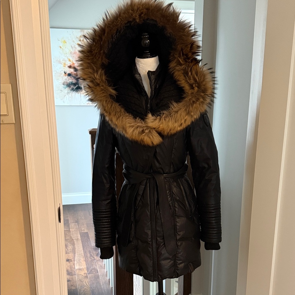 RUDSAK Black Puffer Coat with Brown Fur Trim and leather belt and accents